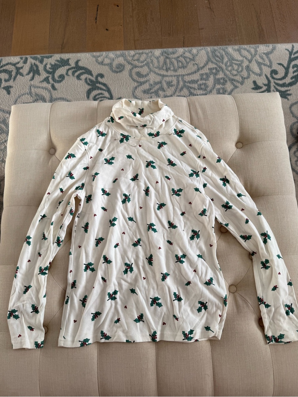 Holiday Editions Cream Turtleneck Top with Green Holly Motif